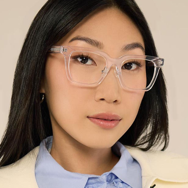 Model wearing Serge 2 optical frame in Clear Crystal