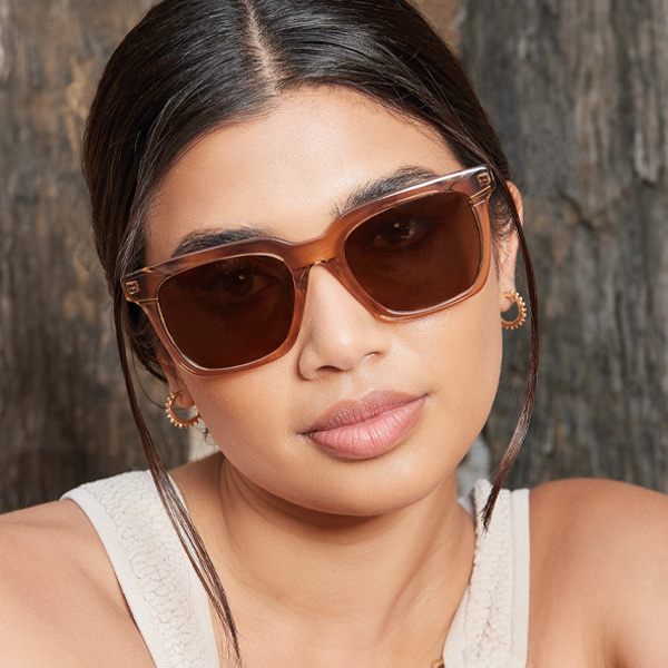 Model wearing Serge sunglasses frame in Dusk.