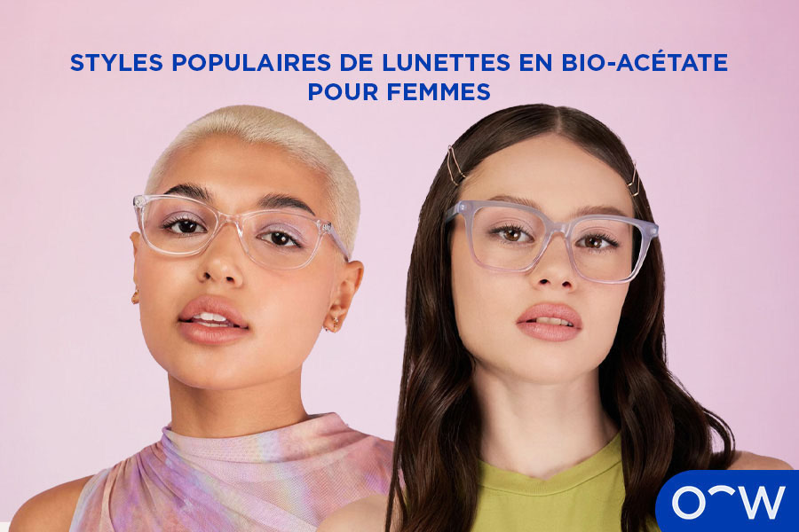 Une photo de deux femmes portant des lunettes en bio-acétate.