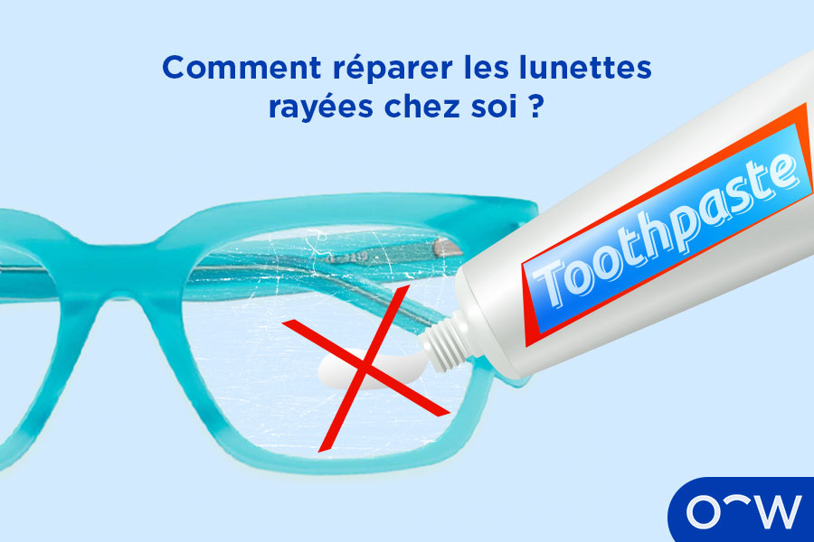 Une image de lunettes rayées et une personne utilisant du dentifrice sur la rayure. On voit un grand X sur le dentifrice, car ce n’est pas une bonne méthode pour éliminer les rayures des verres.