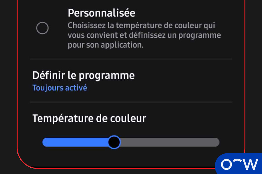 choisir l'option 'Définir le programme' pour ajuster la température de la couleur