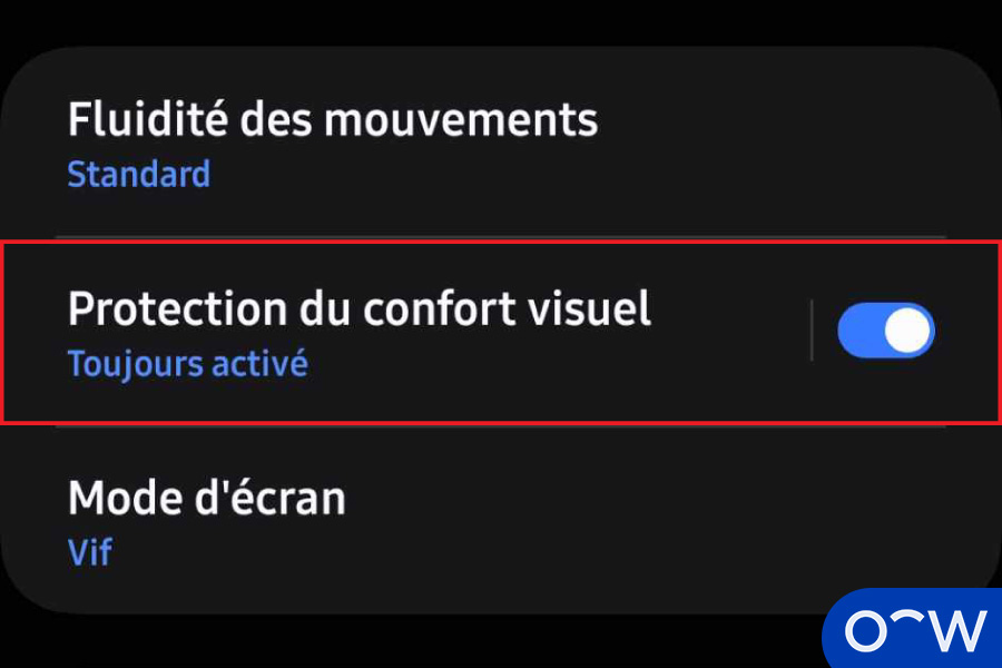 Appuyez sur 'Protection du confort visuel'