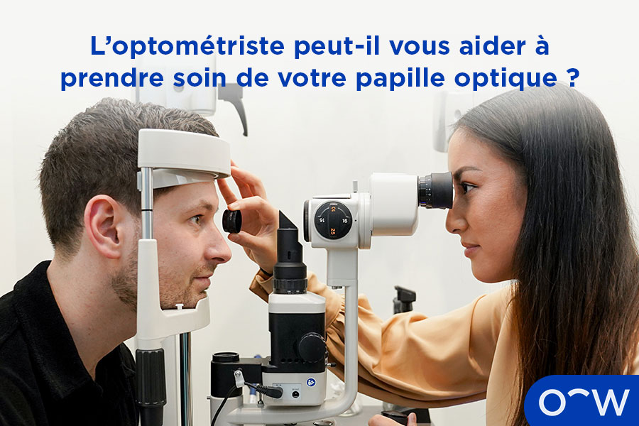 Un optométriste effectuant un examen de la vue pour évaluer la santé des yeux, y compris le nerf optique.