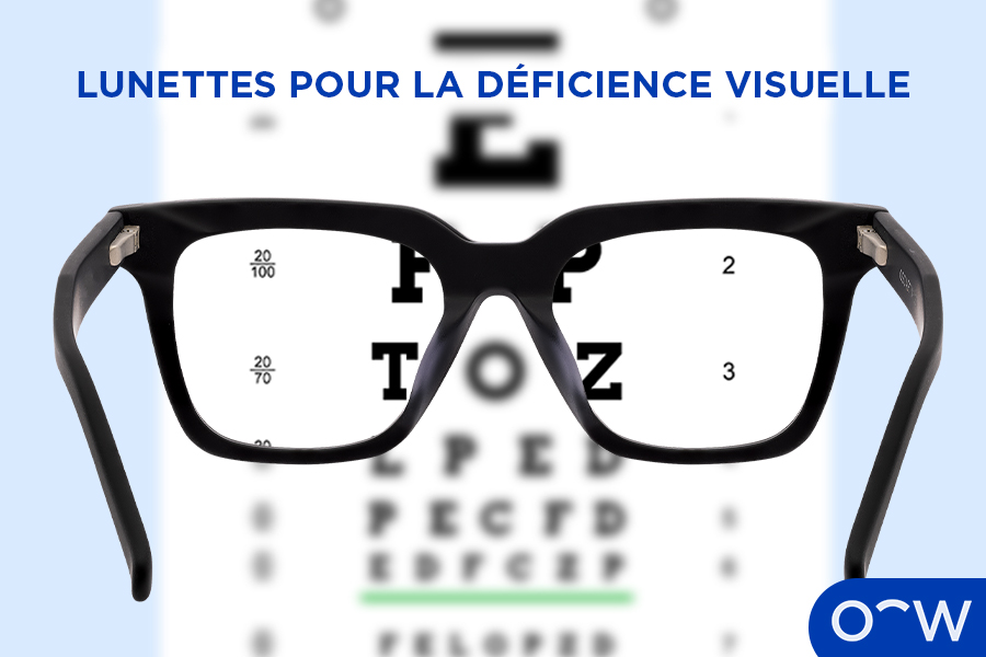 Une paire de lunettes Oscar Wylee en face d'une échelle de Snellen.