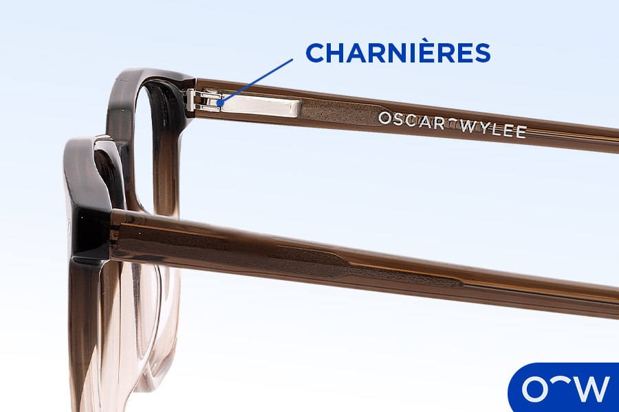 Gros plan des charnières d'une paire de lunettes.