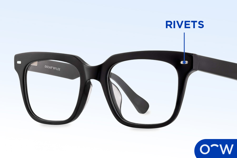 Gros plan des rivets d'une monture de lunettes.
