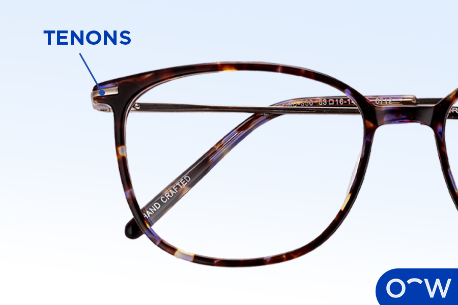 Gros plan montrant les détails des tenons d'une monture de lunettes.