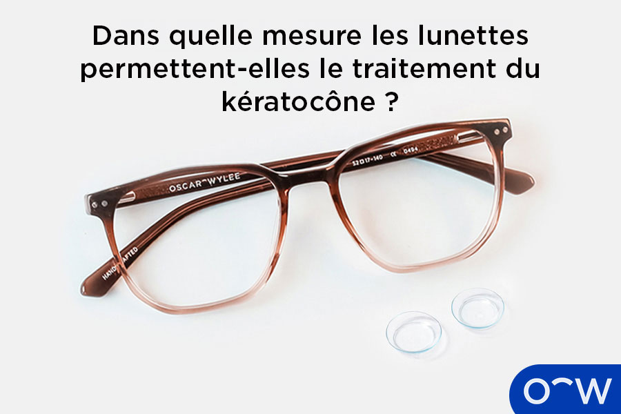 Une paire de lunettes à côté d’une paire de lentilles de contact, qui peuvent toutes les deux aider à traiter les stades précoces d’un kératocône.