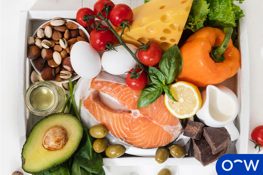 Un ensemble d'aliments comprenant le saumon, les légumes à feuilles vertes et l'avocat, pouvant être bénéfiques pour la santé oculaire.