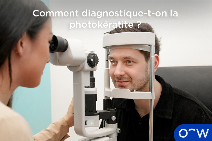 Un optométriste réalisant un examen antérieur à l'aide d'une lampe à fente.