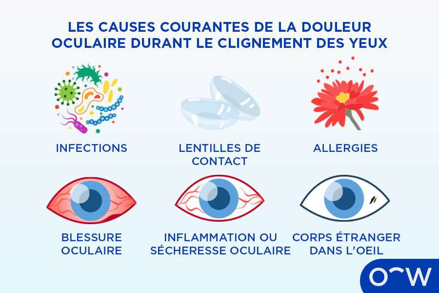 Un infographique représentant des infections, des lentilles de contact, une personne se mouchant suite à des allergies, une personne ayant une blessure oculaire, une sécheresse oculaire et un œil avec un corps étranger.