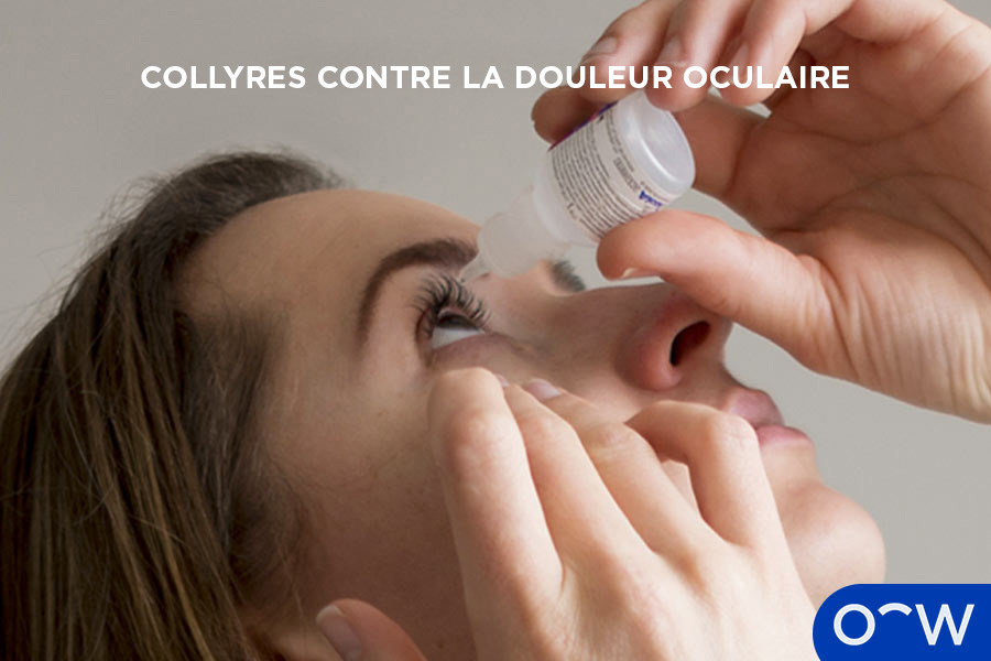 Une image montrant une personne allongée, avec un collyre tenu au-dessus de son visage.