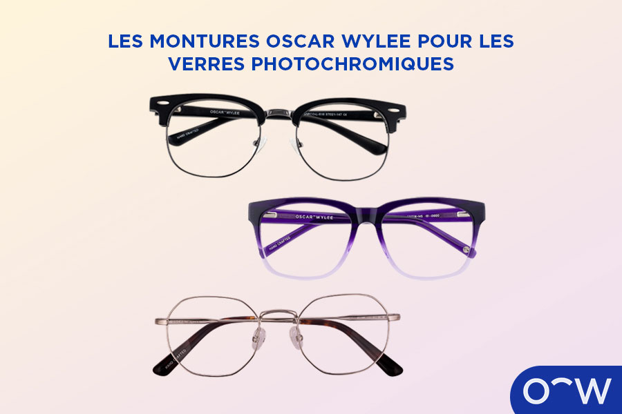 Trois paires de montures de lunettes différentes qui peuvent être dotées de verres de transition