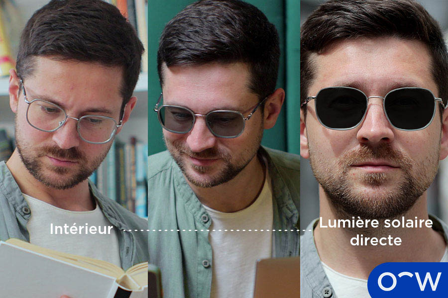Une image de trois parties, montrant une personne qui porte des verres photochromiques, durant leur passage de verres transparents à l'intérieur, à une semi-transition en temps nuageux, à une teinte foncée à l'extérieur.