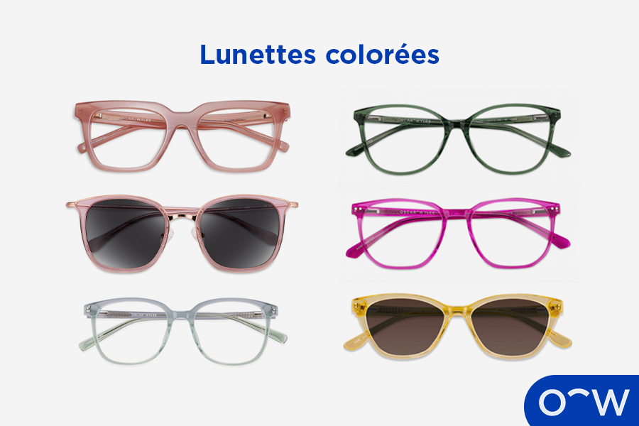 Des lunettes roses, vertes et jaunes sur un fond blanc.