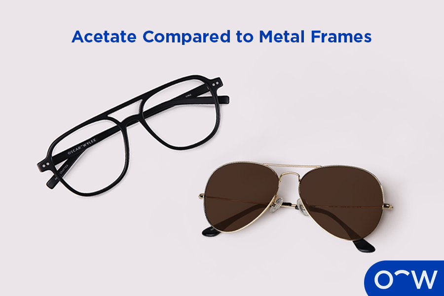 Oscar Wylee metal frames next to Oscar Wylee acetate frames.