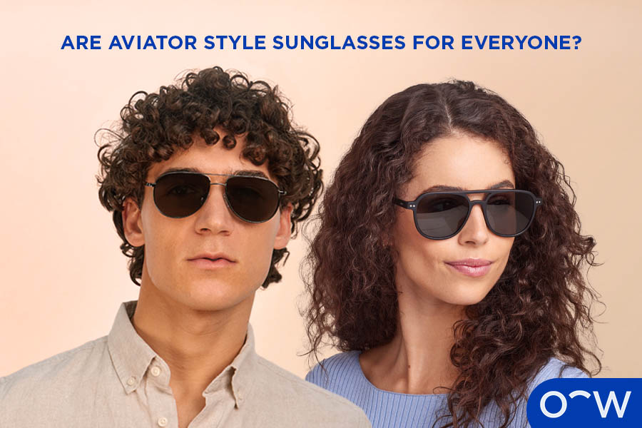 Two different people wearing aviator-style sunglasses, demonstrating that everyone can wear this.
