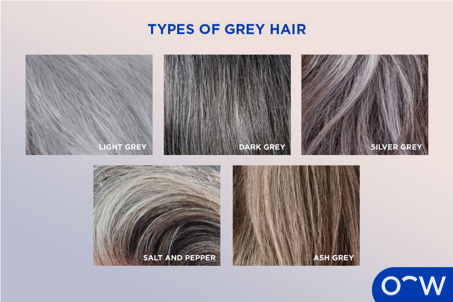 An image sample of several types of grey hair, including light grey hair, dark grey hair and silver grey hair.
