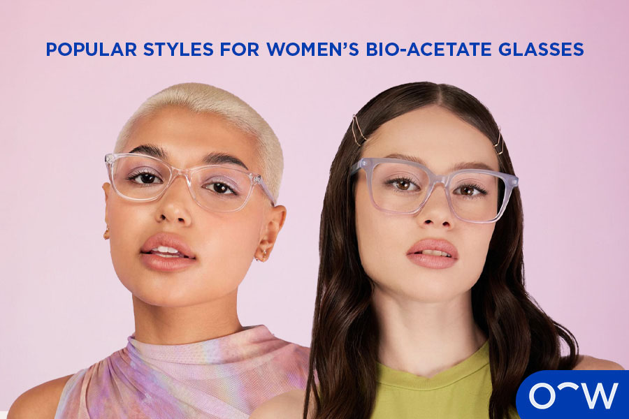 An image of two women wearing bio-acetate glasses.