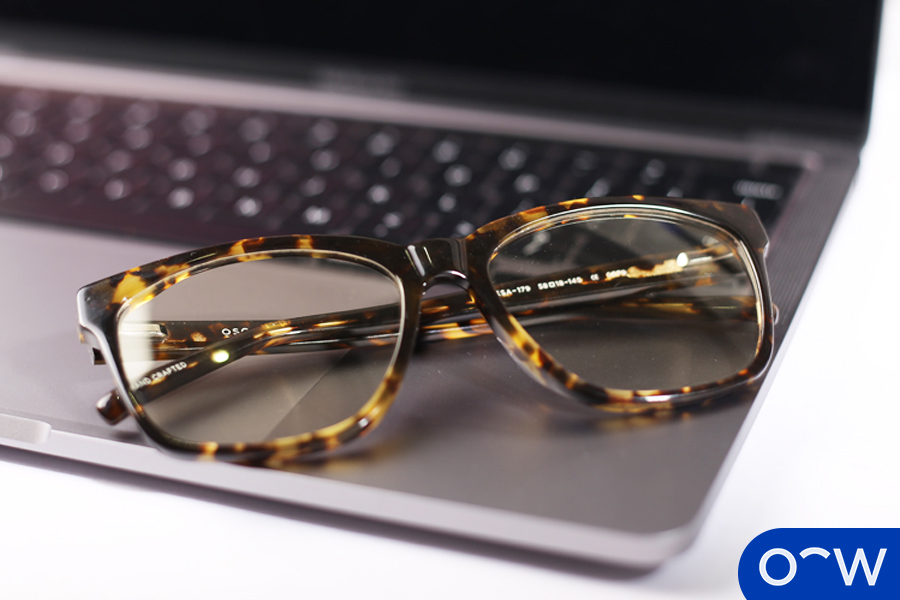 Blue light blocking glasses being used for computer work