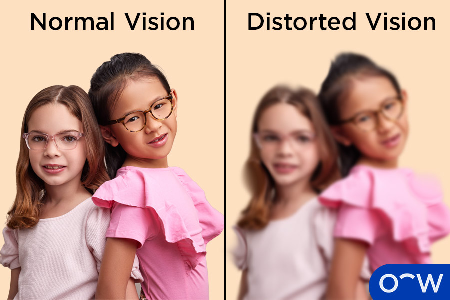 An image showing what it looks like to have clear vision, next to a blurry version of the same image, demonstrating distorted vision. 