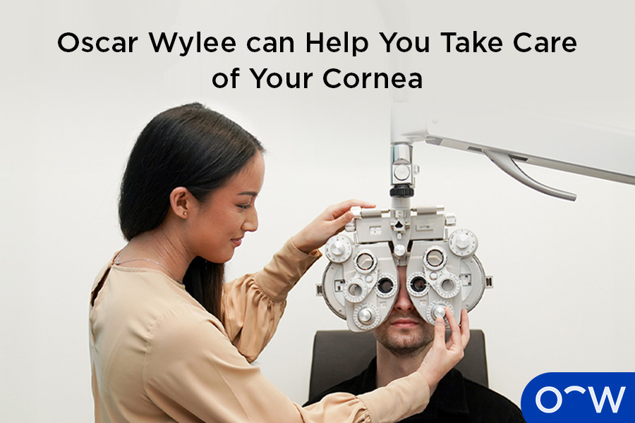 A patient receiving an eye exam at Oscar Wylee to take care of
their cornea and overall eye health.
