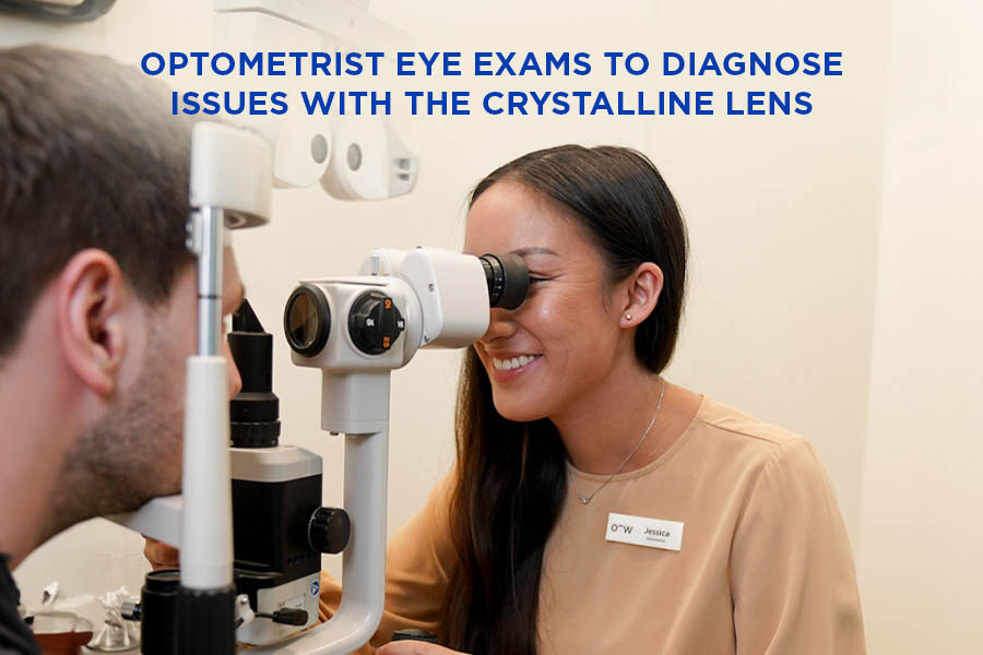 An optometrist using a slit lamp to examine a patient's eye, including the lens.
