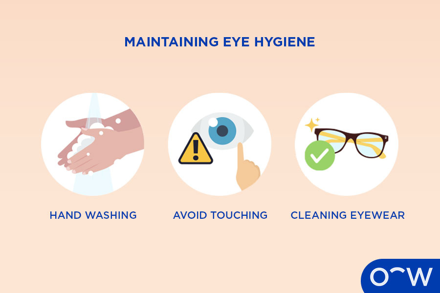Infographic including hands being washed, eye with a finger and hazard sign, green tick and white text