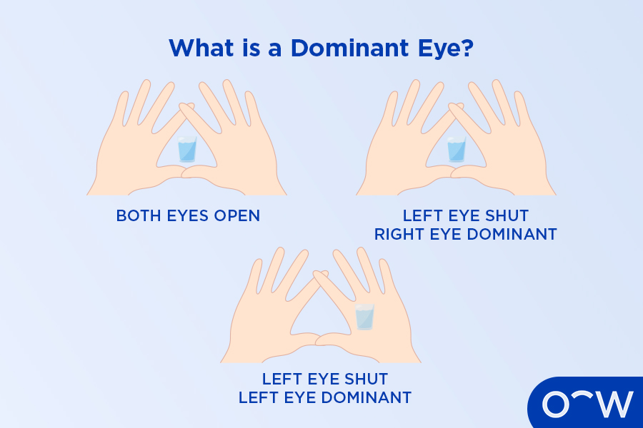 A graphic showing what it looks like to have a dominant left eye, with an image disappearing behind someone's left hand during a Miles Test.