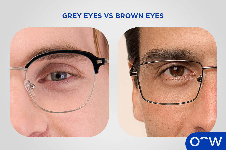 A close-up view of a grey coloured eye next to a brown eye.