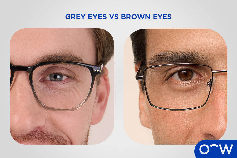 A close-up view of a grey coloured eye next to a brown eye.
