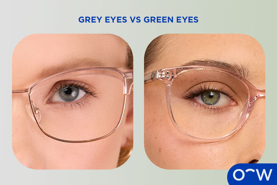 Close-up view of grey eyes next to green eyes.