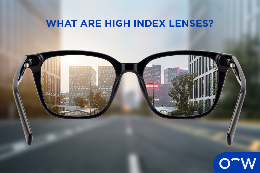 Image of eyeglasses with high index lenses showing a clear image through the lenses.