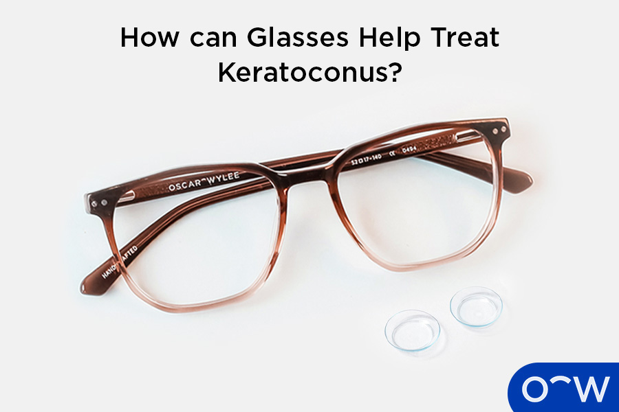 A pair of glasses next to a pair of contact lenses, both of which can help treat the early stages of keratoconus.