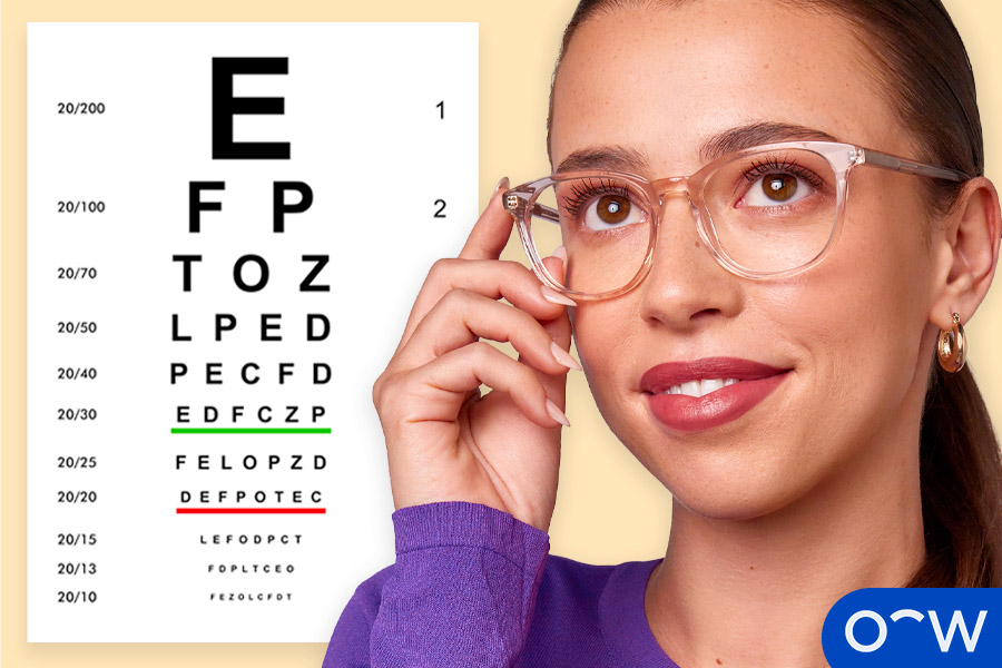 A person and a letter chart, showing how perfect vision is tested.
