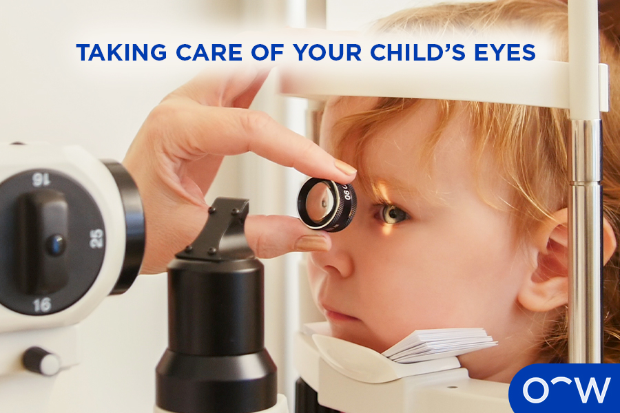 A child having a kid's eye exam to take care of their vision and eye health.