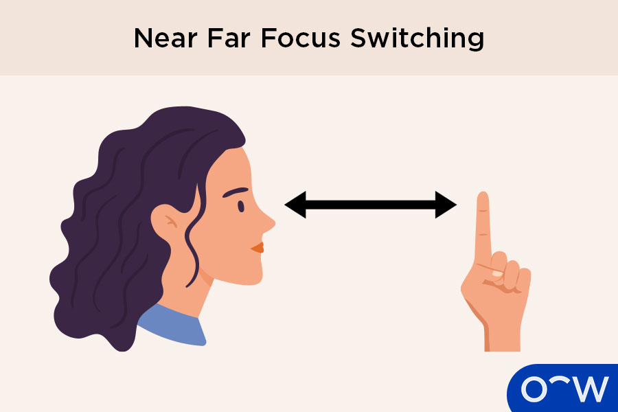 A person with a finger in front of their face for focus switching as an eye exercise for strabismus.