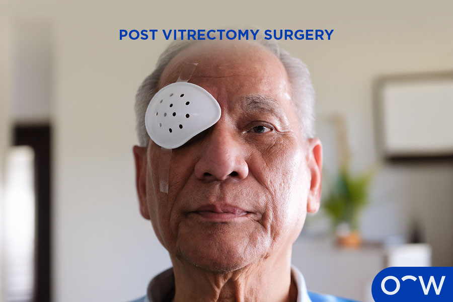 A man wearing an eye patch after vitrectomy surgery.