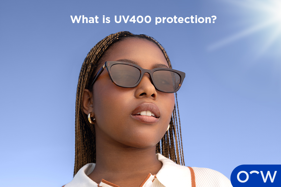 A person wearing sunglasses with UV 400 protection.