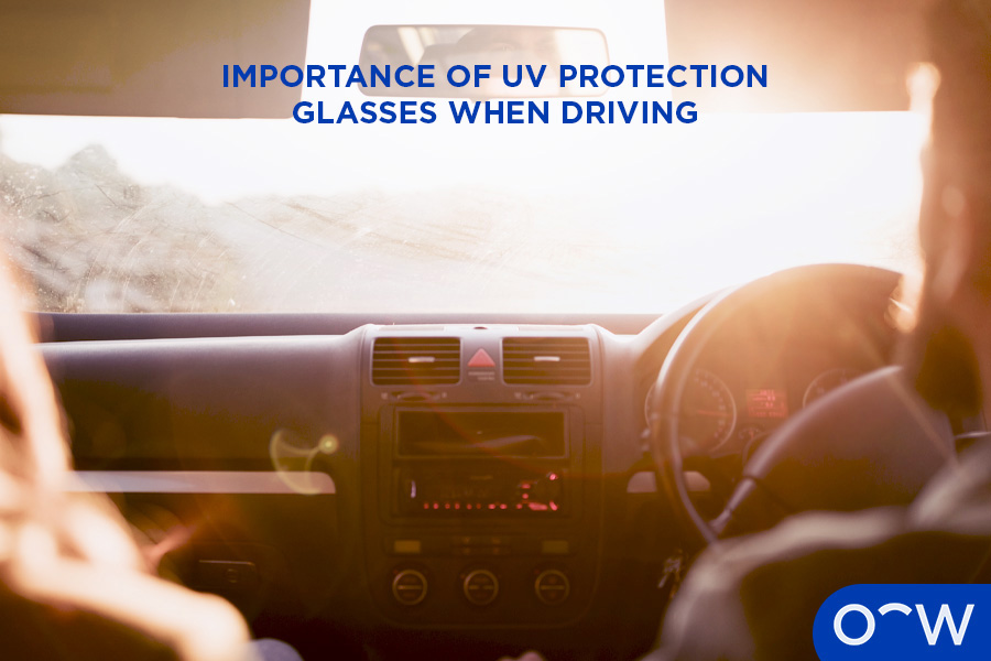 Driver’s point of view showing hand on the steering wheel and sunlight reaching windshield.
