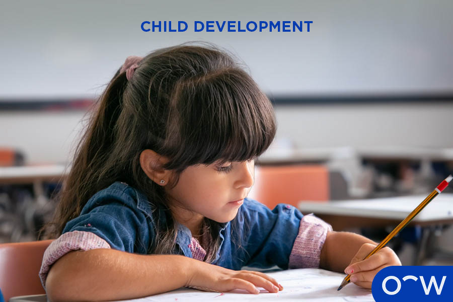Child in a school class, sitting at a desk and doing work.