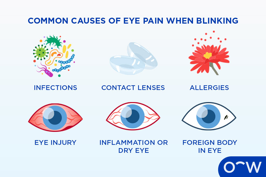 Infographic depicting infections, contact lenses, someone blowing their nose from allergies, someone with an eye injury, a dry eye and an eye with a foreign body.