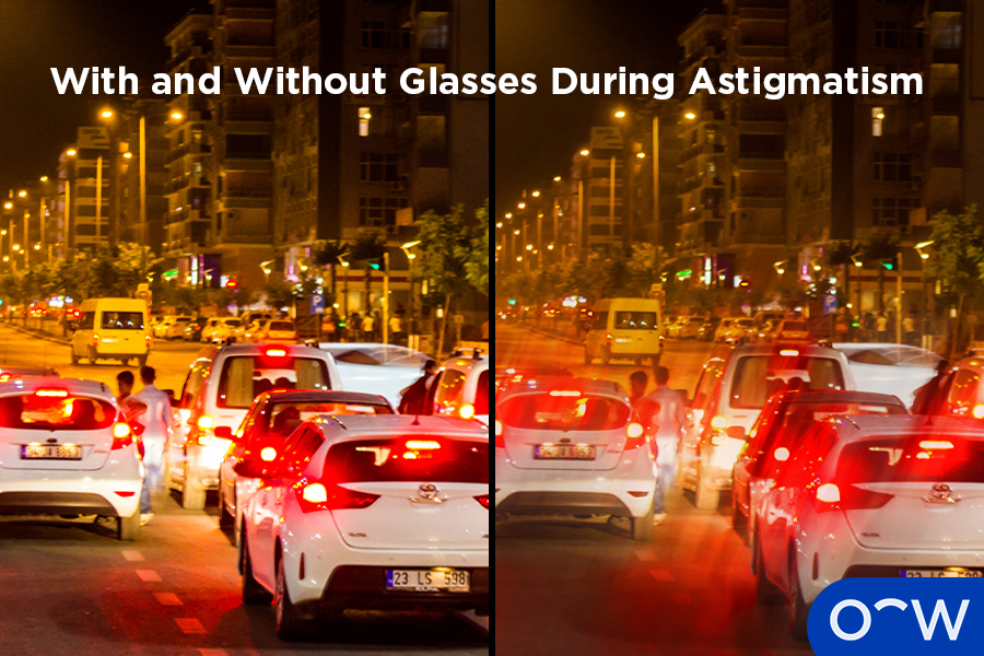 One side shows cars' brake lights appearing fuzzy, while on the other side, the lights appear normal.