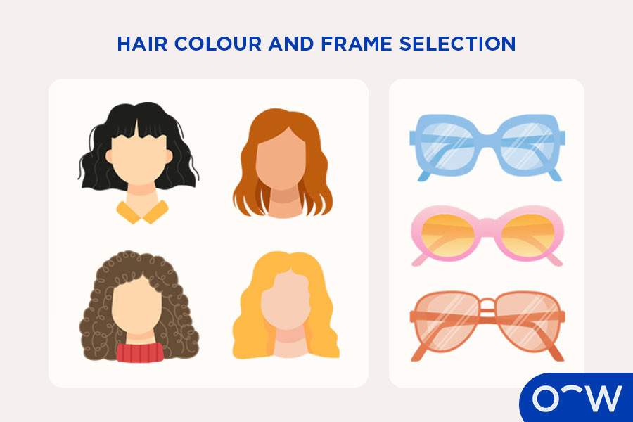 Illustration of different hair colours next to different coloured glasses