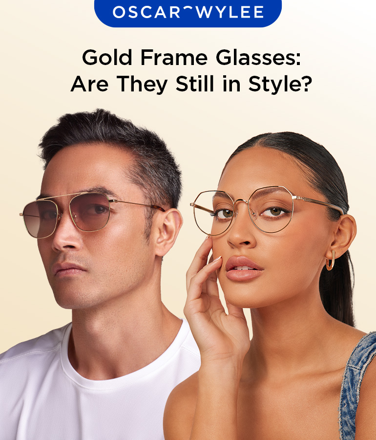 Trendy gold frame glasses on a stylish person.