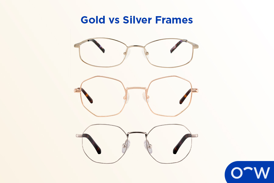 An image of silver, gold, and rose gold circular glasses in a row. 