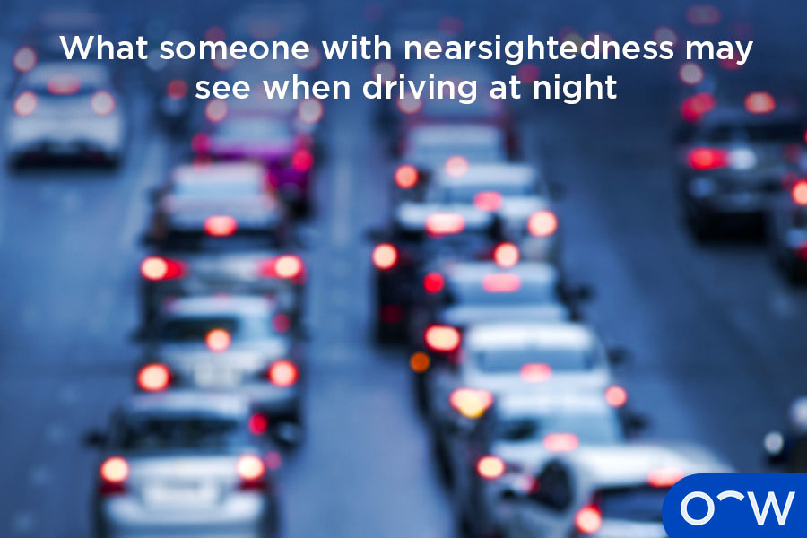 What someone with nearsightedness might see when driving at night.
