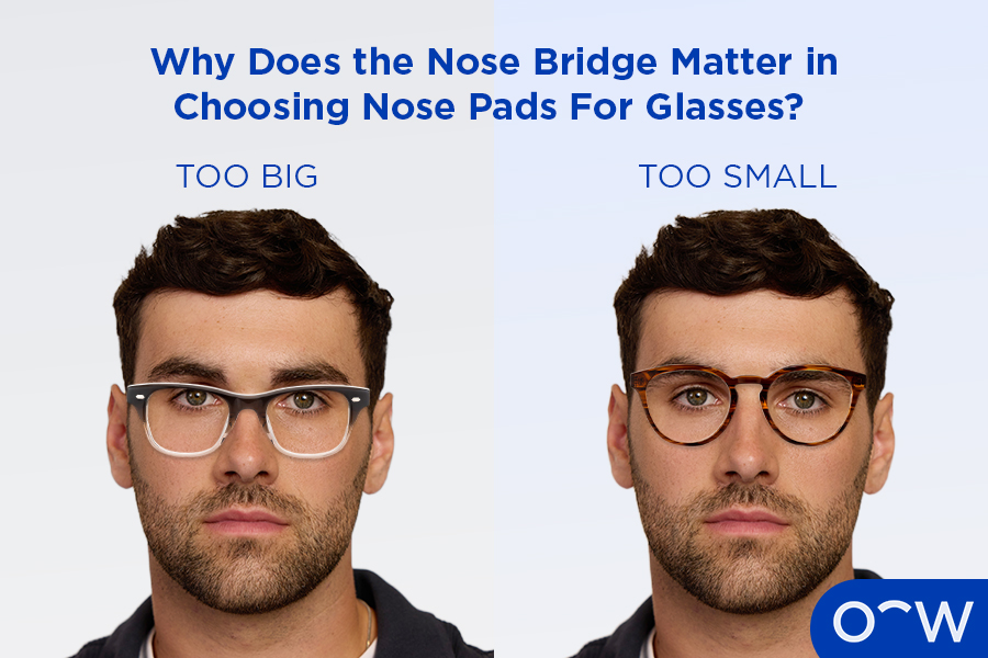 A person wearing glasses with a nose bridge that's too big next to the same person wearing glasses with a nose bridge that's too small.