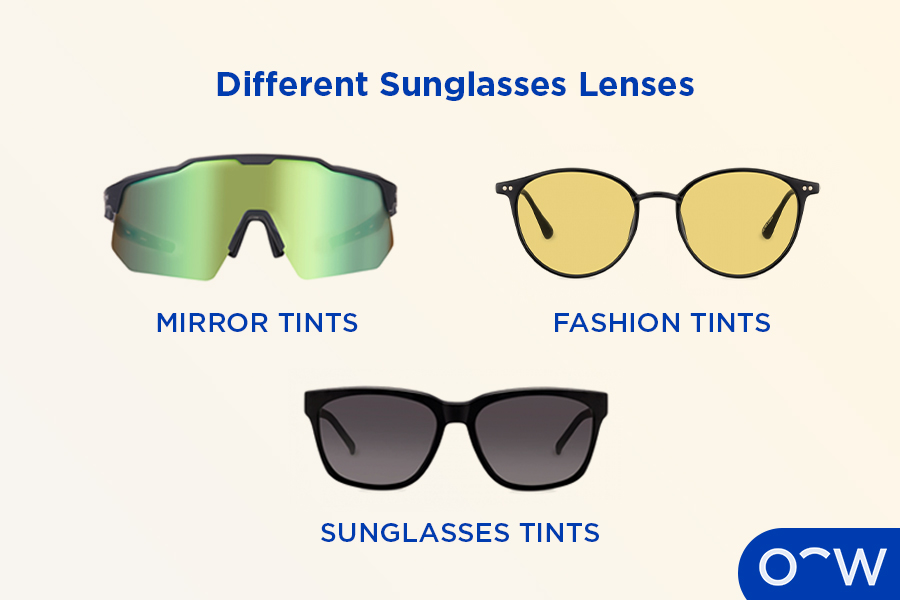 Three sunglasses, one with a mirror tint, one with a fashion tint, and one with a sunglass tint.